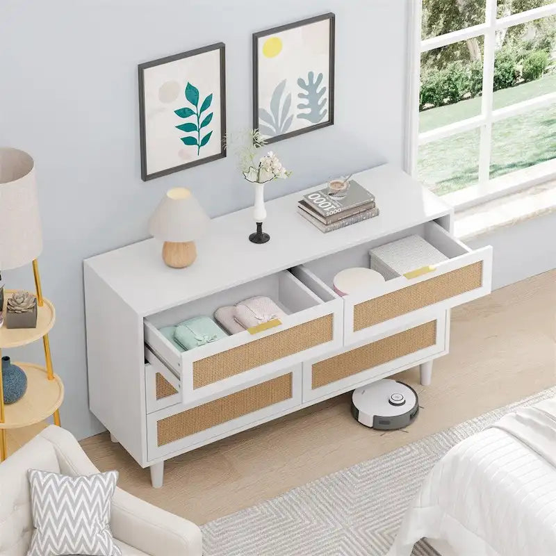 6-Drawer Rattan Storage Dresser – White Natural Woven Cabinet
