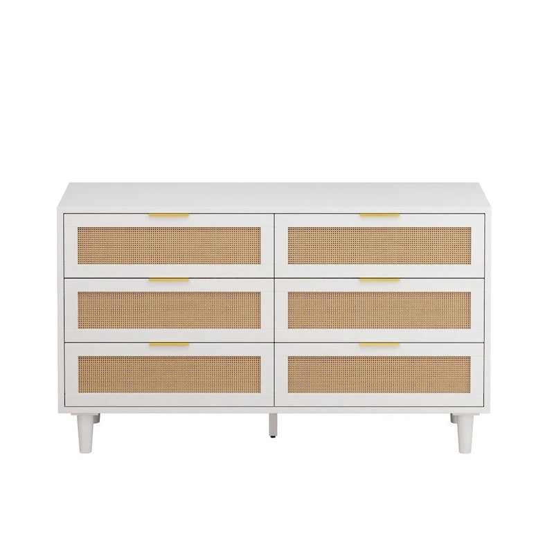 6-Drawer Rattan Storage Dresser – White Natural Woven Cabinet