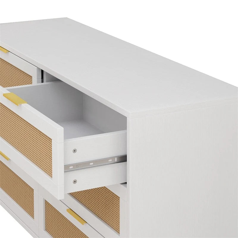 6-Drawer Rattan Storage Dresser – White Natural Woven Cabinet