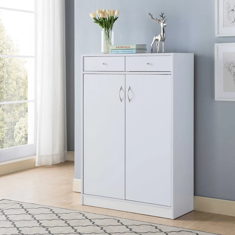 Shoe Storage Cabinet with 5 Shelves and 2 Drawers – White
