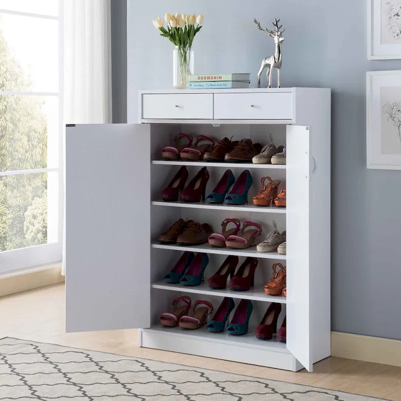 Shoe Storage Cabinet with 5 Shelves and 2 Drawers – White