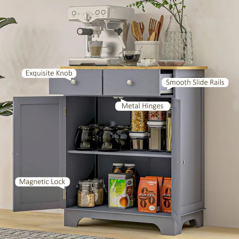 Double Door Sideboard Cabinet with 2 Drawers and Adjustable Shelf