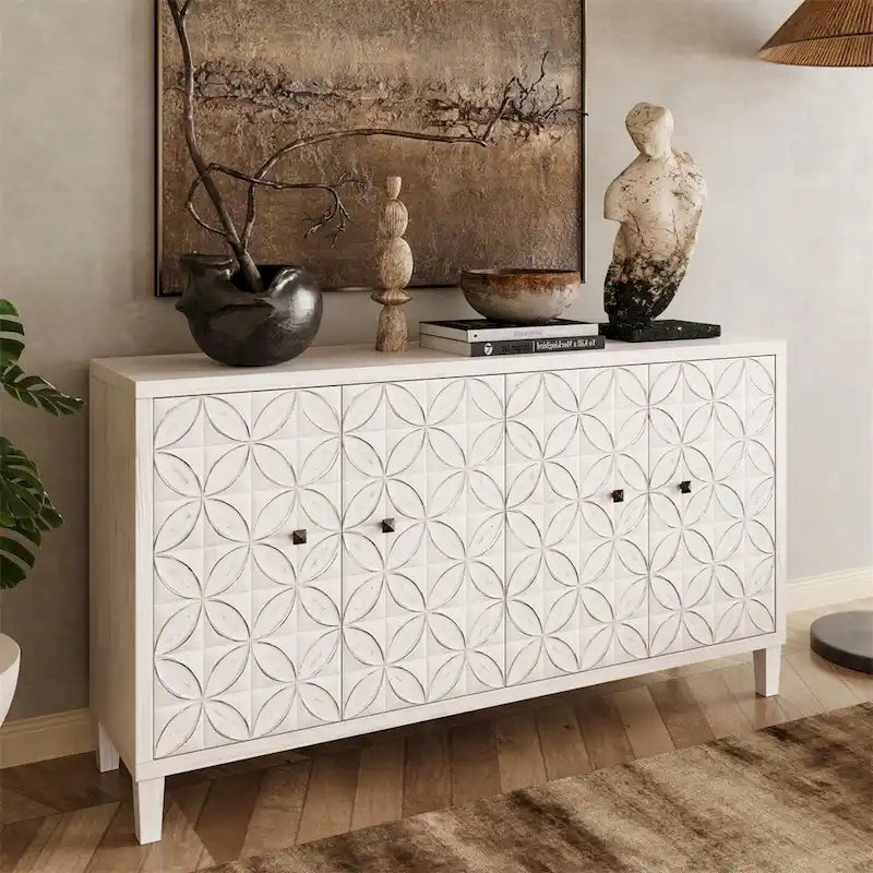 Credenza bianca decapata a 4 ante con ante a motivo circolare e maniglie nere