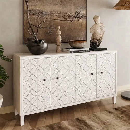 Sideboardschrank mit 4 Türen in Weißlasur, Türen mit Kreismuster und schwarzen Griffen