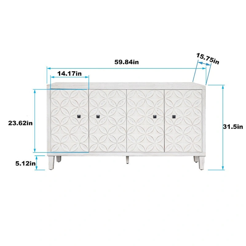 Credenza bianca decapata a 4 ante con ante a motivo circolare e maniglie nere