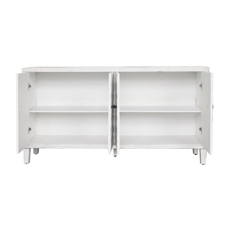 4-Door Whitewash Sideboard Cabinet with Circle-Pattern Doors and Black Handles