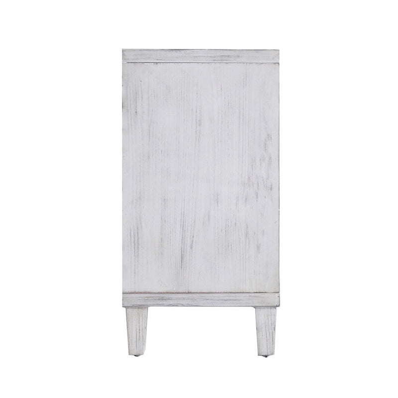 Credenza bianca decapata a 4 ante con ante a motivo circolare e maniglie nere