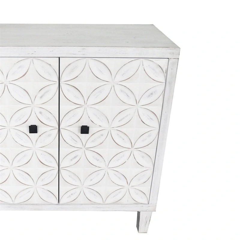 Credenza bianca decapata a 4 ante con ante a motivo circolare e maniglie nere