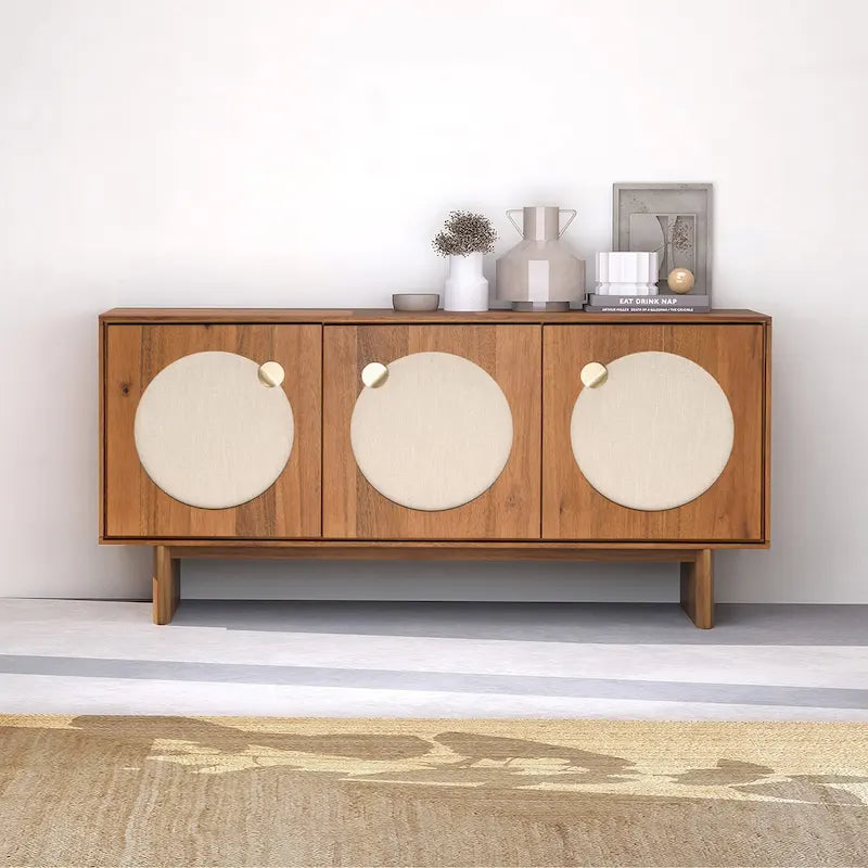 Wide Walnut-Effect Sideboard Cabinet with Fabric Doors & Brass Handles