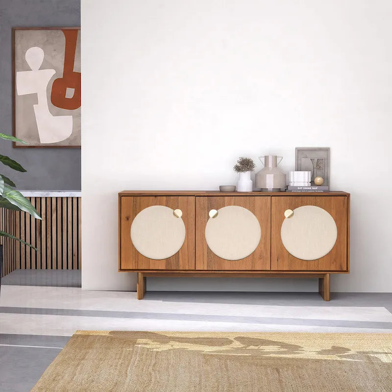 Wide Walnut-Effect Sideboard Cabinet with Fabric Doors & Brass Handles