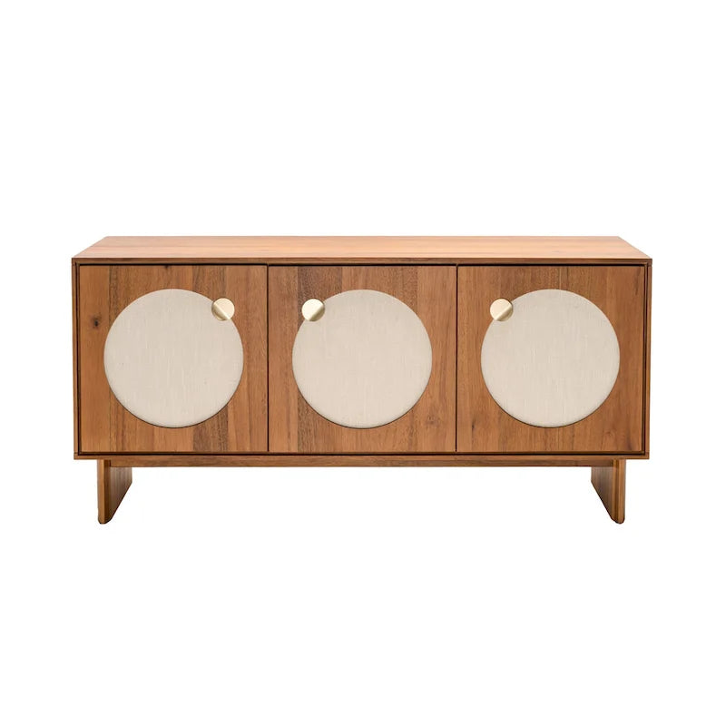 Wide Walnut-Effect Sideboard Cabinet with Fabric Doors & Brass Handles