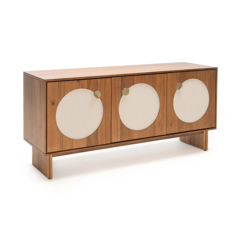 Wide Walnut-Effect Sideboard Cabinet with Fabric Doors & Brass Handles