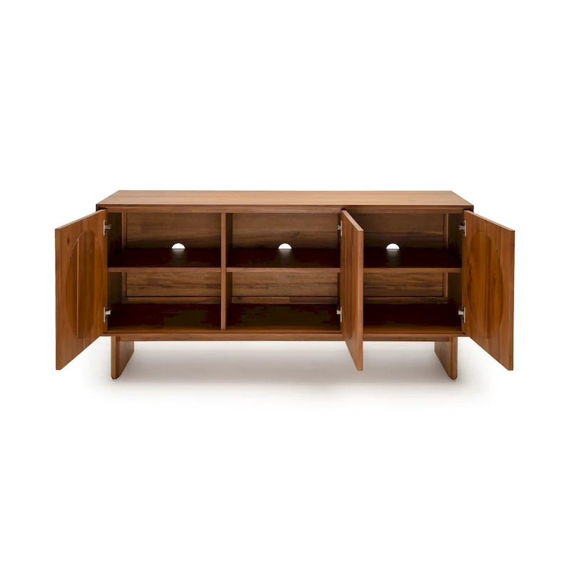 Buffet large imitation noyer avec portes en tissu et poignées en laiton