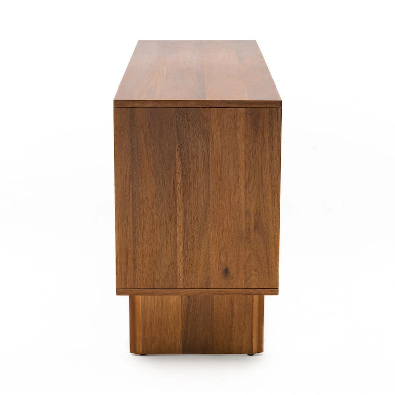 Buffet large imitation noyer avec portes en tissu et poignées en laiton