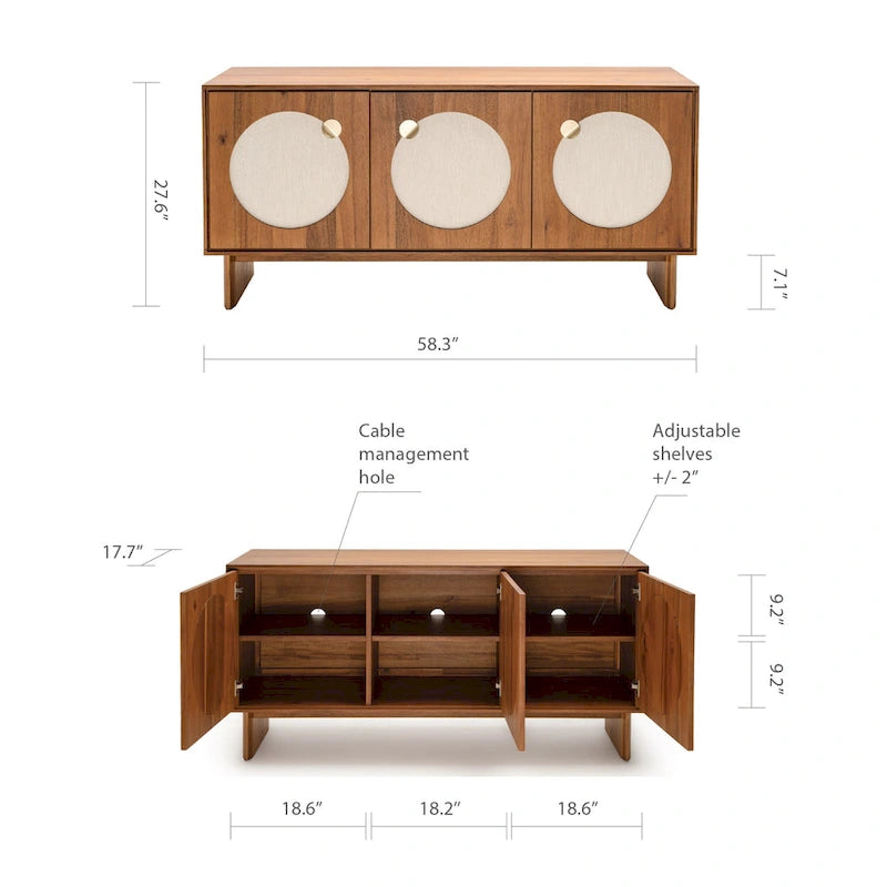 Buffet large imitation noyer avec portes en tissu et poignées en laiton