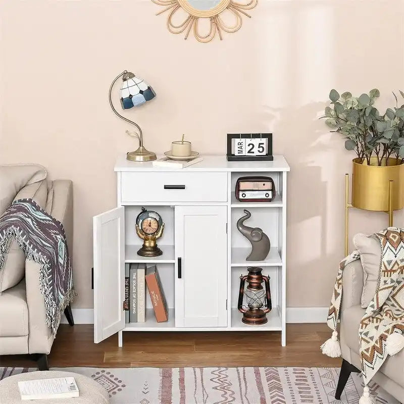 Floor Storage Cabinet with Doors, Drawer and Adjustable Shelves – White