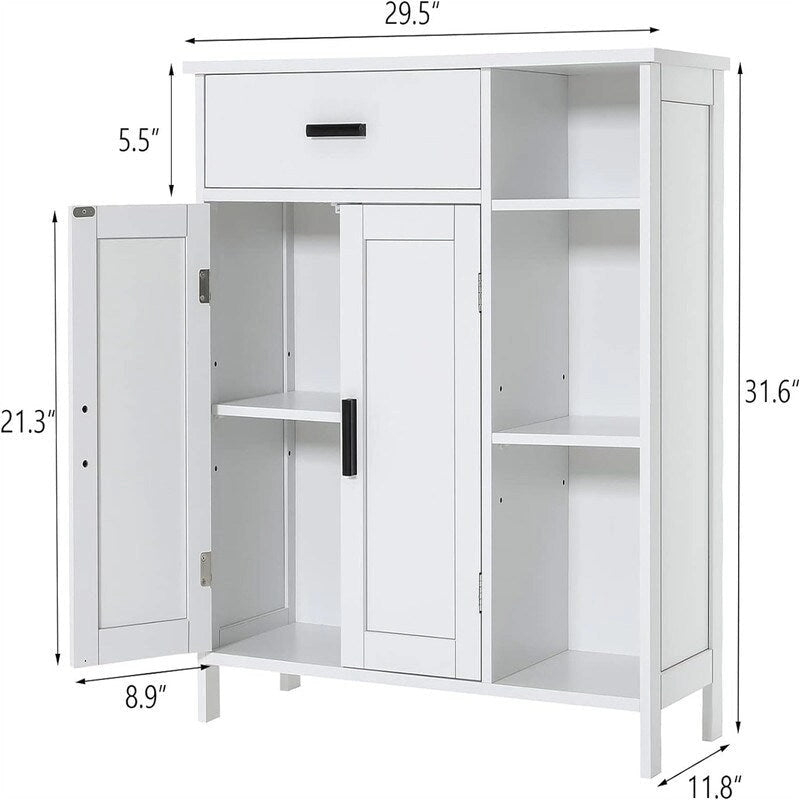 Floor Storage Cabinet with Doors, Drawer and Adjustable Shelves – White
