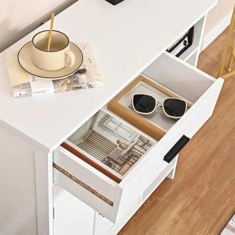 Floor Storage Cabinet with Doors, Drawer and Adjustable Shelves – White