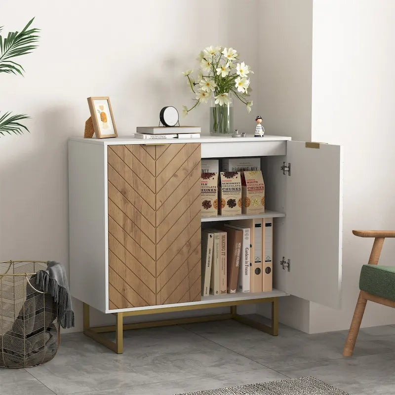 Modern Herringbone Buffet Sideboard Cabinet with Gold Hardware – White