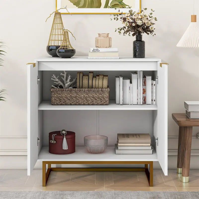 Modern Herringbone Buffet Sideboard Cabinet with Gold Hardware – White