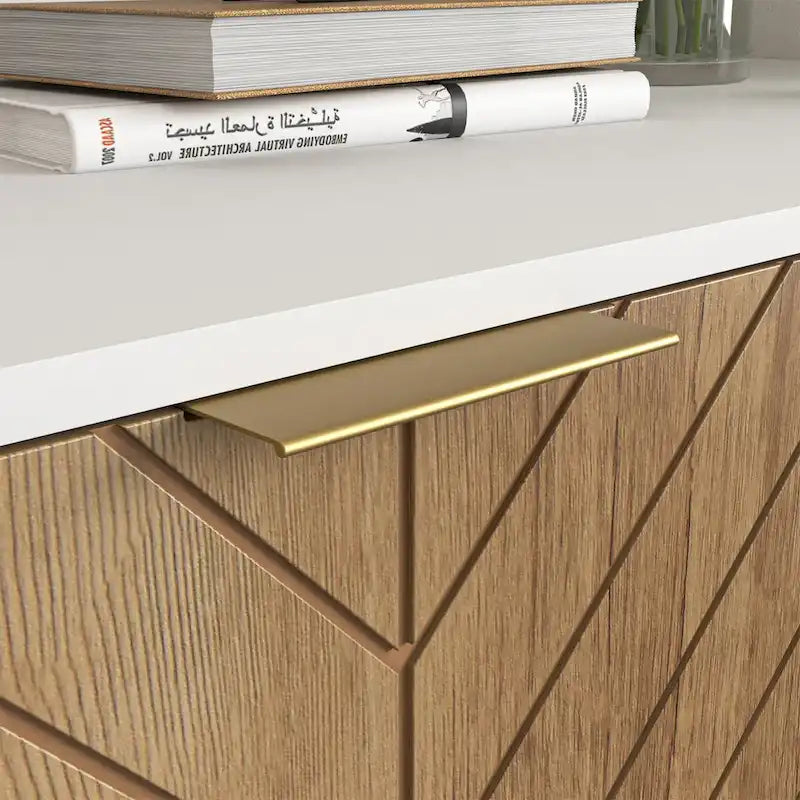 Modern Herringbone Buffet Sideboard Cabinet with Gold Hardware – White