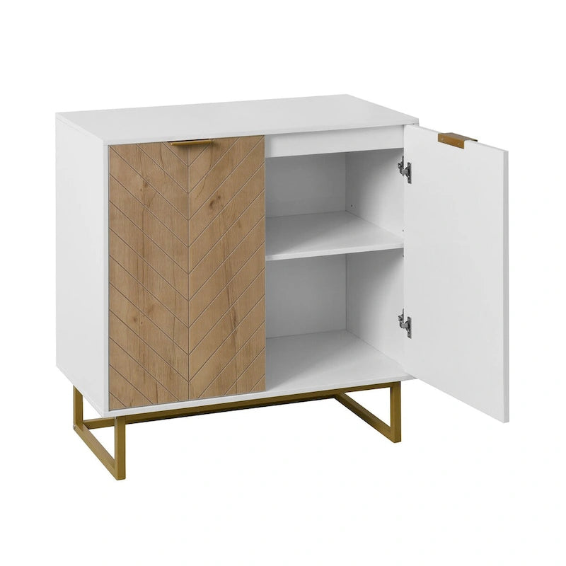 Modern Herringbone Buffet Sideboard Cabinet with Gold Hardware – White