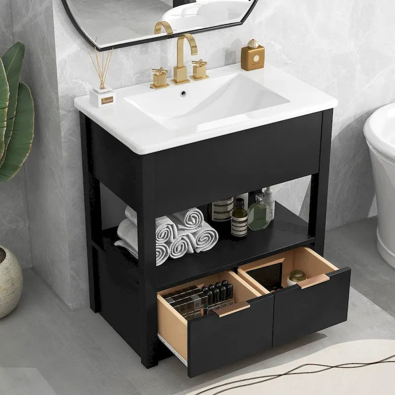 Mobiletto autoportante per lavabo da bagno, con ripiano aperto e 2 cassetti