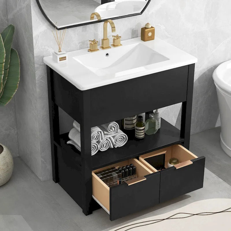 Mobiletto autoportante per lavabo da bagno, con ripiano aperto e 2 cassetti