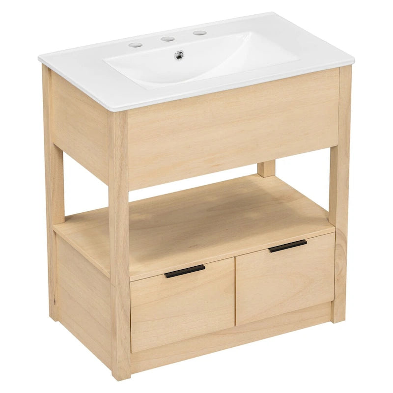 Mobiletto autoportante per lavabo da bagno, con ripiano aperto e 2 cassetti