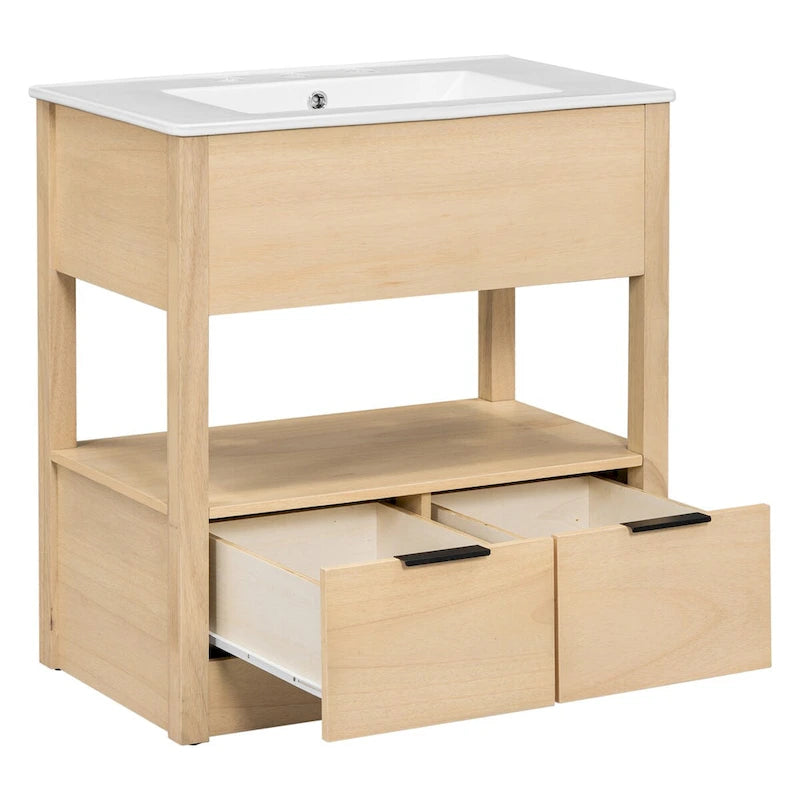 Mobiletto autoportante per lavabo da bagno, con ripiano aperto e 2 cassetti
