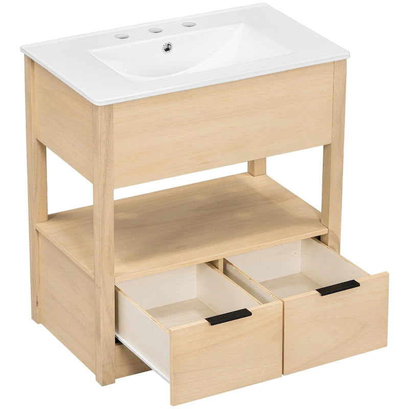 Mobiletto autoportante per lavabo da bagno, con ripiano aperto e 2 cassetti