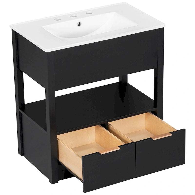 Mobiletto autoportante per lavabo da bagno, con ripiano aperto e 2 cassetti