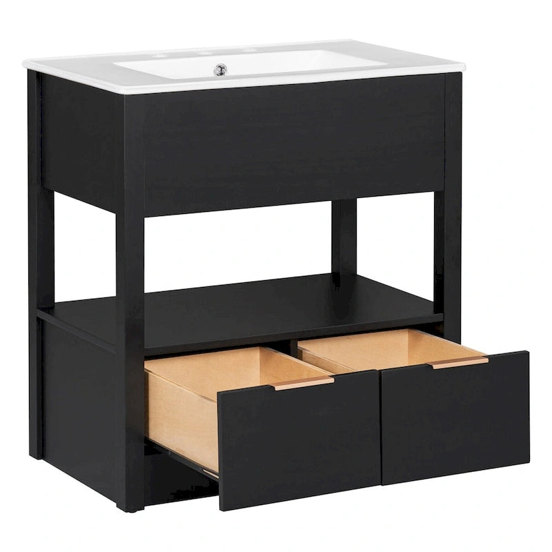 Mobiletto autoportante per lavabo da bagno, con ripiano aperto e 2 cassetti