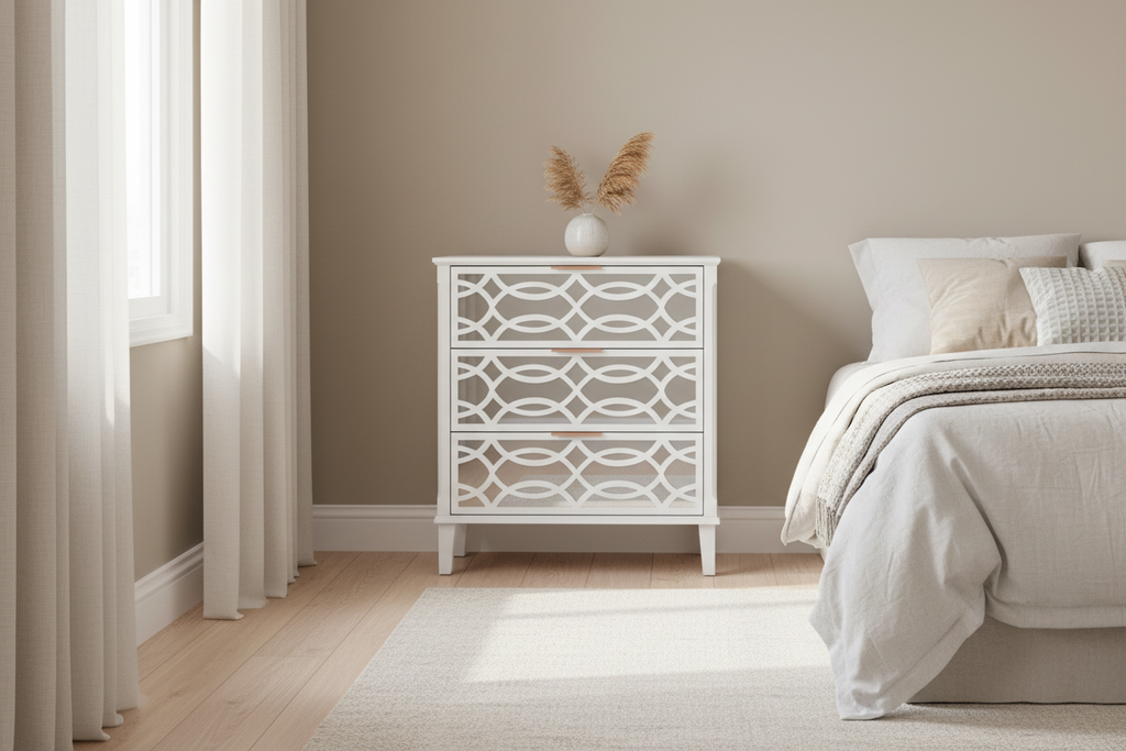 Mirrored Nightstand in Minimalist Bedroom