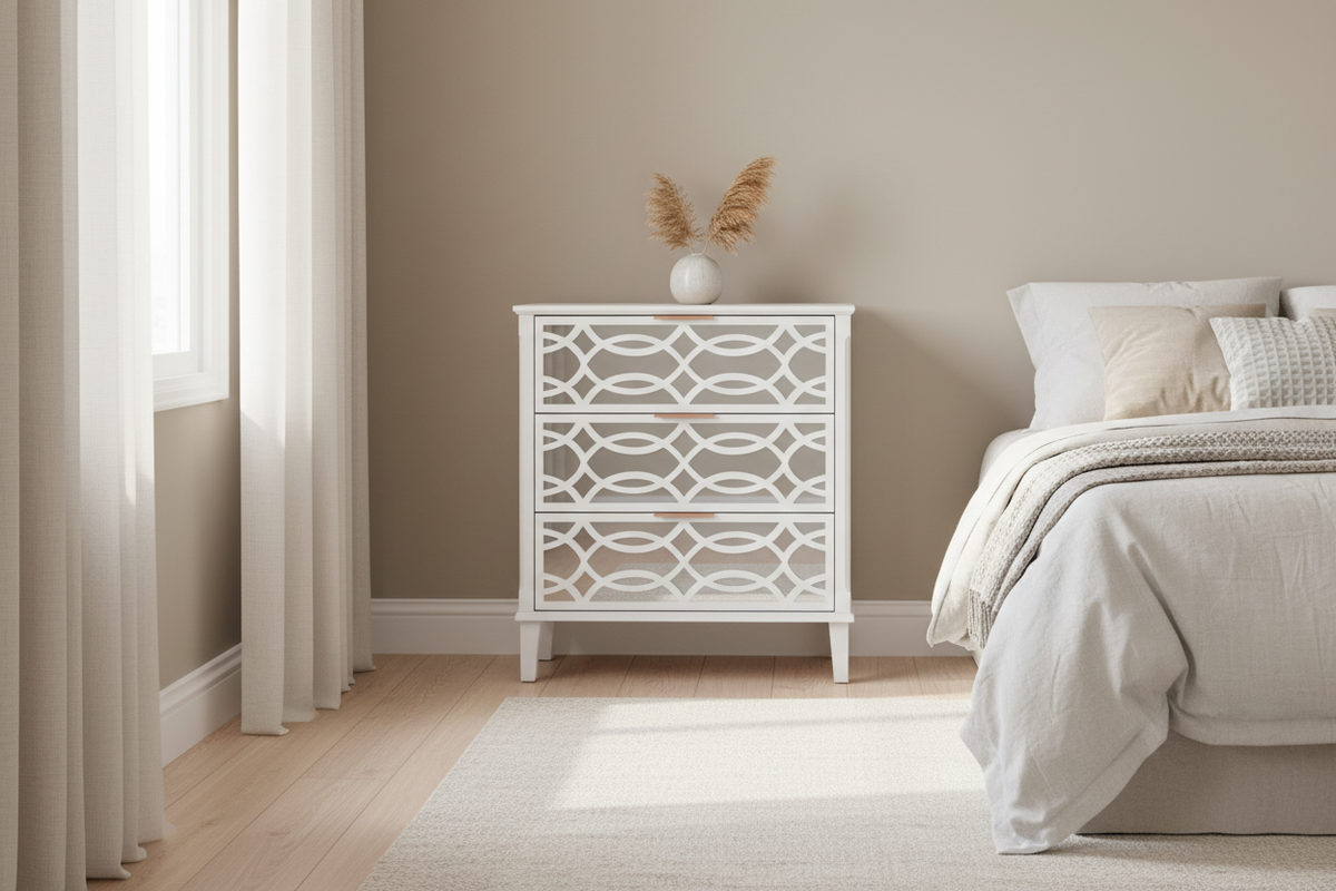 Mirrored Nightstand in Minimalist Bedroom