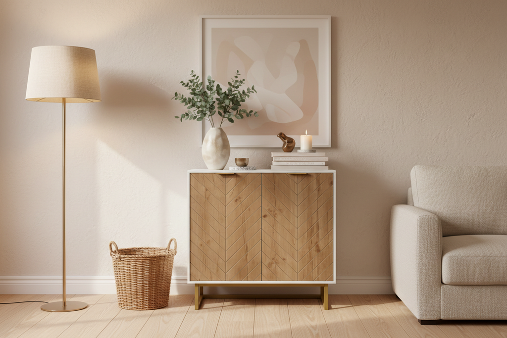 Modern Herringbone Sideboard – Rich Interior Scene